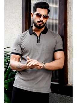GRITSTONES - Men Grey Waffle Polo Zipper T-Shirt