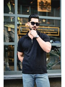 GRITSTONES - Men Black Self Design Polo Neck Zipper T-Shirt