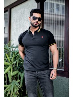 GRITSTONES - Men Black Yellow Ribbed collar logo embroidered Polo T-Shirt