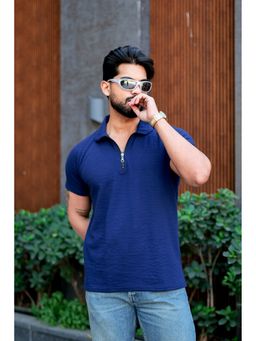 GRITSTONES - Men Royal Blue Self Design Zipper Polo T-Shirt