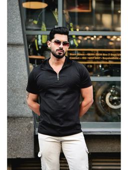 GRITSTONES - Men Black Drop Needle Zipper Polo T-Shirt