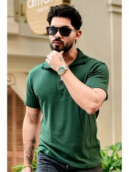 GRITSTONES - Men Green Waffle Half Sleeves Zipper Polo T-Shirt