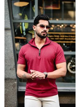 GRITSTONES - Men Maroon Drop Needle Zipper Polo T-Shirt