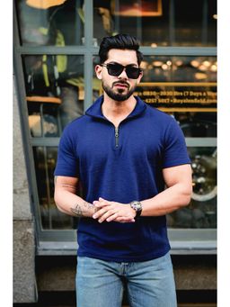 GRITSTONES - Men Navy Blue Self Design Zipper Polo T-Shirt