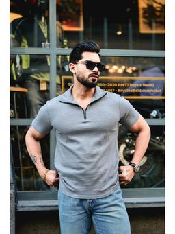 GRITSTONES - Men Light Grey Self Design Zipper Polo T-Shirt