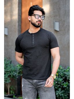 GRITSTONES - Men Black Slub Buttoned Henley T-Shirt