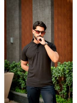 GRITSTONES - Men Black Cotton Self Design Polo T-Shirt