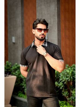 GRITSTONES - Men Black Check Cotton Polo T-Shirt