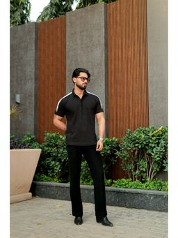 GRITSTONES - Men Black Self Design ColorBlock Cotton Polo T-Shirt