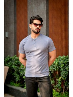 GRITSTONES - Men Blue Cotton Self Design Henley T-Shirt