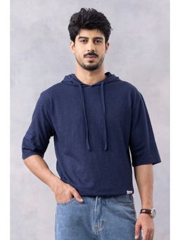 GRITSTONES - Men Navy Blue Solid Oversized Hooded T-Shirt