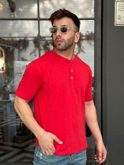 GRITSTONES - Men Red Self Design Henley Neck Cotton T-Shirt