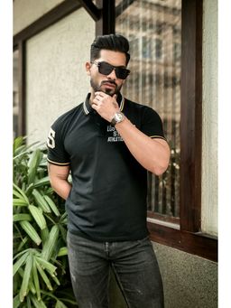 GRITSTONES - Men Black Ribbed Collar Embroidered Polo T-Shirt