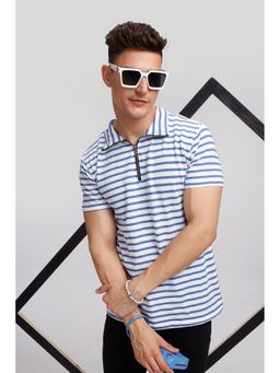 GRITSTONES - Men Blue Striper Self Design Zipper Polo T-Shirt