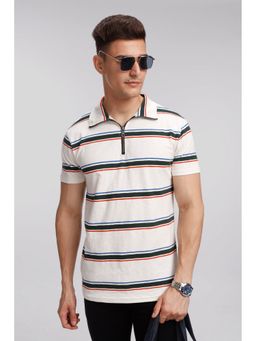 GRITSTONES - Men Off White Striper Self Design Zipper Polo T-Shirt