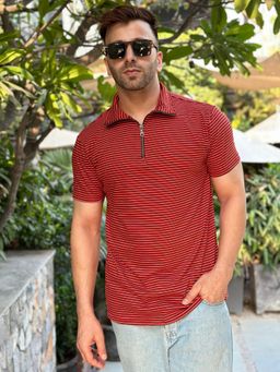 GRITSTONES - Men Red Horizontal Stripe Zipper Polo T-Shirt