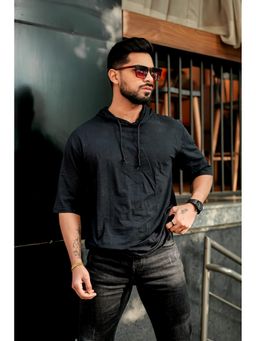 GRITSTONES - Men Black Slub Oversized Self Design Hooded T-Shirt