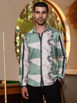 CAHOOT - Men Sage Green Abstract Pattern Full Sleeve Regular Fit Casual Shirt