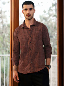 CAHOOT - Men Dark Brown Textured Design Full Sleeve Regular Fit Casual Shirt
