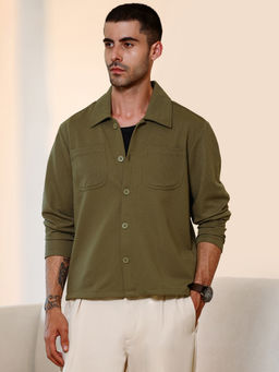 CAHOOT - Men Olive Textured Finish Full Sleeve Relaxed Fit Casual Shirt