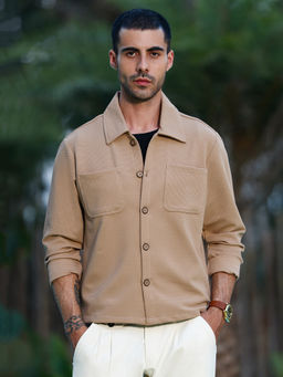 CAHOOT - Men Beige Textured Pattern Full Sleeve Relaxed Fit Casual Shirt