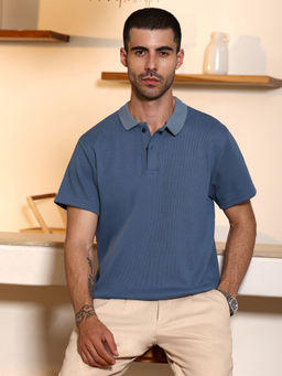 CAHOOT - Men Blue Textured Style Half Sleeve Regular Fit Casual Polo T-Shirt