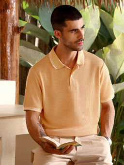 CAHOOT - Men Peach Textured Pattern Half Sleeve Regular Fit Casual Polo T-Shirt