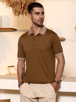 CAHOOT - Men Brown Solid Finish Half Sleeve Regular Fit Casual Polo T-Shirt