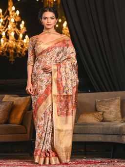 Beatitude - Multicolor Kashmiri Digital Print Blended Silk Zari Border Saree with Unstitched Blouse