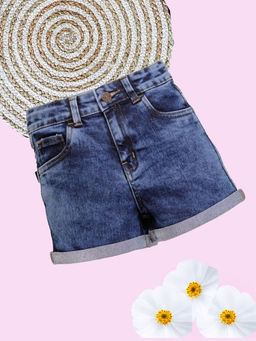 KiddoPanti - Blue Girls Solid Denim Rollup Hot Shorts