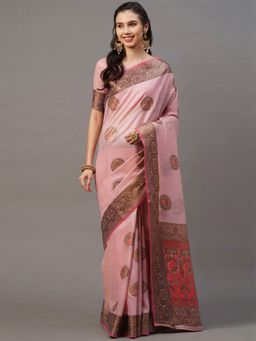 Odette - Pink Festive Silk Blend Woven Design Saree with Unstitched Blouse