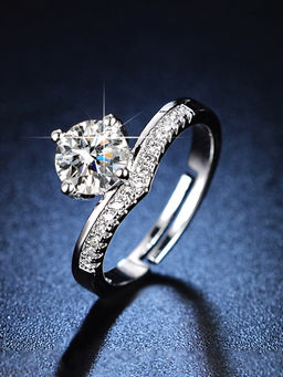 Designs & You - Silver Plated American Diamond Studded Contemporary Solitaire Adjustable Finger Ring