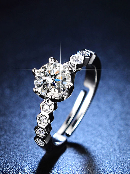 Designs & You Silver Plated American Diamond Studded Hexagonal Solitaire Adjustable Finger Ring