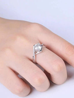 Designs & You - Silver Plated Crystal Studded Heart Anti Tarnish Solitaire Adjustable Finger Ring