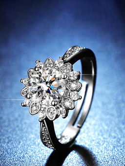 Designs & You - Silver Plated American Diamond Studded Floral Adjustable Solitaire Finger Ring