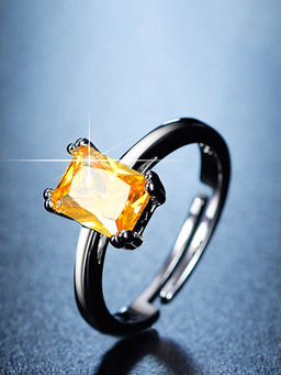 Designs & You - Silver Plated Crystal Studded Yellow Stone Rectangular Adjustable Finger Ring