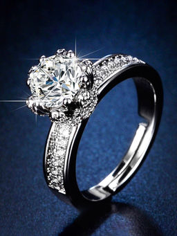 Designs & You - Silver Plated Crystal Studded Anti Tarnish Adjustable Solitaire Finger Ring