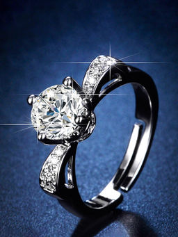 Designs & You - Silver Plated Crystal Studded Anti Tarnish Adjustable Solitaire Finger Ring