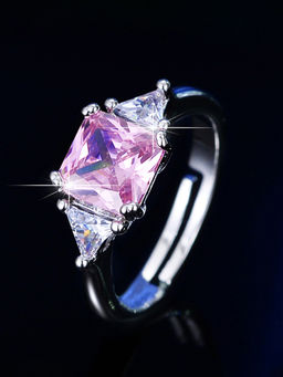 Designs & You - Silver Plated American Diamond Studded Rectangular Pink Stone Adjustable Finger Ring