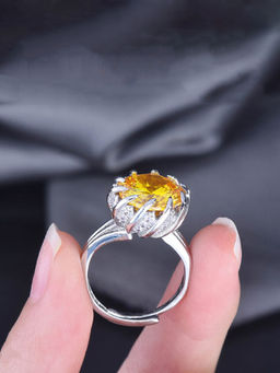 Designs & You - Silver Plated Crystal Studded Yellow Stone Cocktail Style Adjustable Finger Ring