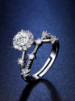 Designs & You - Silver Plated Crystal Studded Anti Tarnish Adjustable Solitaire Finger Ring