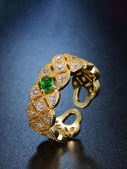 Designs & You - Gold Plated Crystal Studded Anti Tarnish Green Stone Adjustable Finger Ring