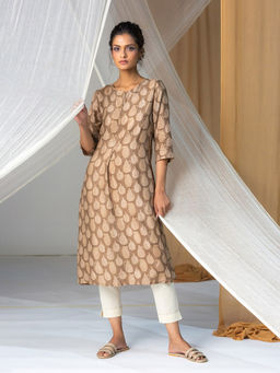 W - Smoke Brown Wood Geometric Kurta
