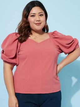AAREIN - Ample Plus Size Sweetheart Neck Puff Sleeves Peach Casual Top