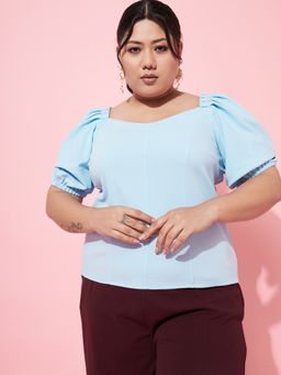 AAREIN - Ample Plus Size Sweetheart Neck Puff Sleeves Blue Casual Top
