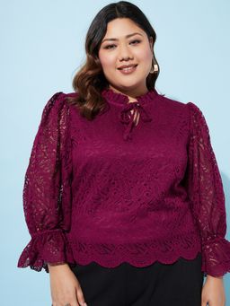 AAREIN - Ample Plus Size Tie-Up Neck Lace Burgundy Top