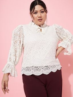 AAREIN - Ample Plus Size Tie-Up Neck Lace White Top