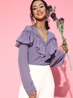 AAREIN - Women Elegant Lavender Solid Ruffled Top