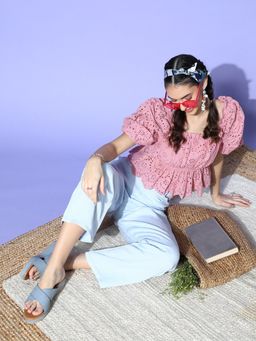 AAREIN - Women Pretty Pink Self-Design Schiffli Top