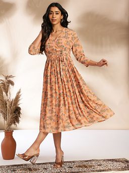 Janasya - Womens Peach Georgette Floral Fit & Flare Dress